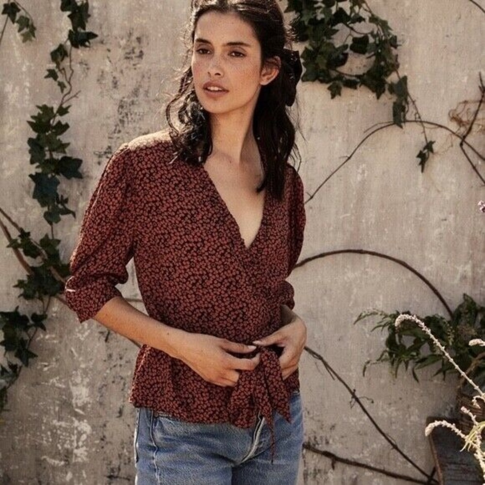 Doen Amaranta Black Orange V-neck Half Sleeve Blouse XS